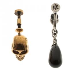 Alexander McQueen Gold Tone Skull & Silver Tone Black Drop Set of 2 Earrings 