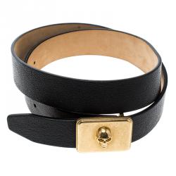 Pre Owned Alexander McQueen Black Leather Skull Plate Belt 85 CM