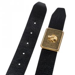 Pre Owned Alexander McQueen Black Leather Skull Plate Belt 85 CM