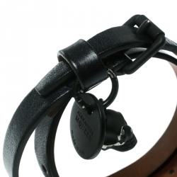 Pre Owned Alexander McQueen Skull Charm Black Leather Double Wrap Bracelet