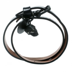 Pre Owned Alexander McQueen Skull Charm Black Leather Double Wrap Bracelet