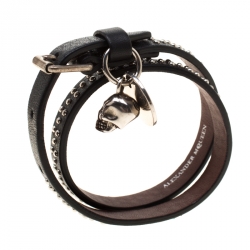 Alexander McQueen Black Studded Leather Skull Charm Double Wrap Bracelet 