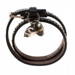 Alexander McQueen Black Studded Leather Skull Charm Double Wrap Bracelet 