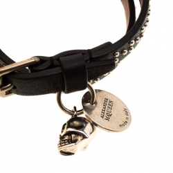Alexander McQueen Black Studded Leather Skull Charm Double Wrap Bracelet 