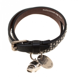 Alexander McQueen Black Studded Leather Skull Charm Double Wrap Bracelet 