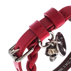 Pre Owned Alexander McQueen Red Double Wrap Skull Charm Leather Bracelet