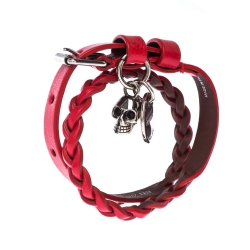 Pre Owned Alexander McQueen Red Double Wrap Skull Charm Leather Bracelet