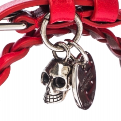 Pre Owned Alexander McQueen Red Double Wrap Skull Charm Leather Bracelet