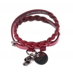 Pre Owned Alexander McQueen Red Double Wrap Skull Charm Leather Bracelet
