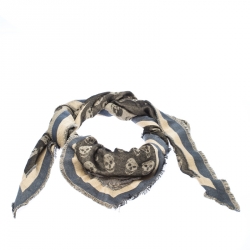 Alexander McQueen Grey Skull Pattern Jacquard Triangle Fringed Scarf