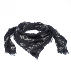 Alexander McQueen Dark Blue Checked and Skull Jacquard Silk Wool Scarf