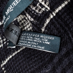 Alexander McQueen Dark Blue Checked and Skull Jacquard Silk Wool Scarf