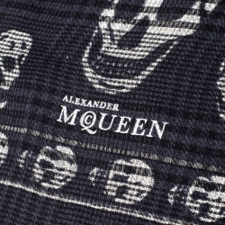 Alexander McQueen Dark Blue Checked and Skull Jacquard Silk Wool Scarf