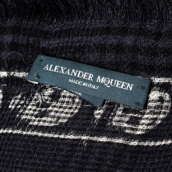 Alexander McQueen Dark Blue Checked and Skull Jacquard Silk Wool Scarf