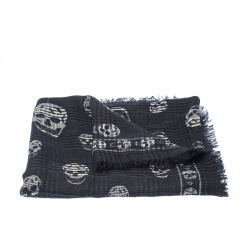 Alexander McQueen Dark Blue Checked and Skull Jacquard Silk Wool Scarf