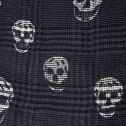 Alexander McQueen Dark Blue Checked and Skull Jacquard Silk Wool Scarf