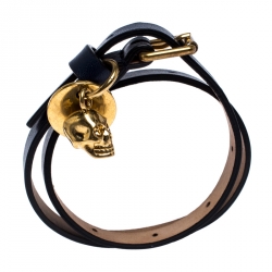 Pre Owned Alexander McQueen Skull Charm Navy Blue Leather Wrap Bracelet