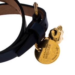 Pre Owned Alexander McQueen Skull Charm Navy Blue Leather Wrap Bracelet