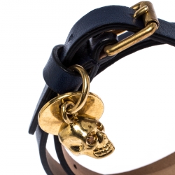 Pre Owned Alexander McQueen Skull Charm Navy Blue Leather Wrap Bracelet