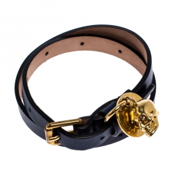 Pre Owned Alexander McQueen Skull Charm Navy Blue Leather Wrap Bracelet