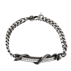 Pre Owned Alexander McQueen Logo Skull Snake Bar Silver Tone Chain Bracelet