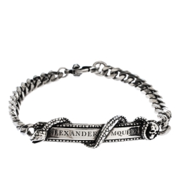 Pre Owned Alexander McQueen Logo Skull Snake Bar Silver Tone Chain Bracelet