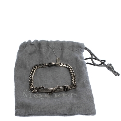 Pre Owned Alexander McQueen Logo Skull Snake Bar Silver Tone Chain Bracelet
