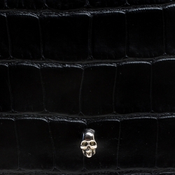 Pre Owned Alexander McQueen Black Croc Embossed Leather Bi Fold Wallet