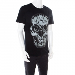 Pre Owned Alexander McQueen Black Cotton Moth Printed Skull T-Shirt L