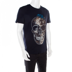 Pre Owned Alexander McQueen Navy Blue Skull and Ivy Printed Cotton T-Shirt L