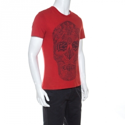 Pre Owned Alexander McQueen Red Skull Printed Cotton Crew Neck T-shirt S