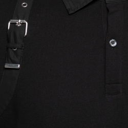 Pre Owned Alexander McQueen Black Cotton Pique Harness Appliqued Polo T-Shirt XXL
