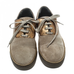 Pre Owned Alexander Mcqueen Khaki/Gold Suede and Leather Chain Embellished Sneakers Size 41