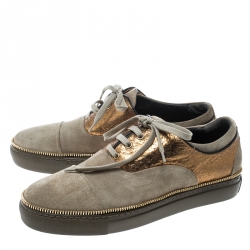 Pre Owned Alexander Mcqueen Khaki/Gold Suede and Leather Chain Embellished Sneakers Size 41