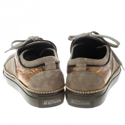 Pre Owned Alexander Mcqueen Khaki/Gold Suede and Leather Chain Embellished Sneakers Size 41