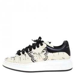 Pre Owned Alexander McQueen Cream/Black Butterfly Print Leather Lace Up Sneakers Size 42