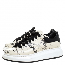 Pre Owned Alexander McQueen Cream/Black Butterfly Print Leather Lace Up Sneakers Size 42