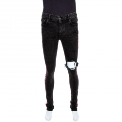 Amiri Black & Neon Pink Acid Wash Denim Broken Track Jeans M