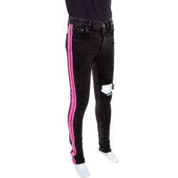 Amiri Black & Neon Pink Acid Wash Denim Broken Track Jeans M