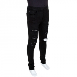 Amiri Black Distressed Denim Crystal Patch Jeans M