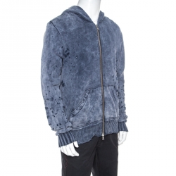 Amiri Blue Bleached Effect Knit Distressed Zip Front Shotgun Hoodie L