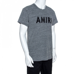 Amiri Grey Logo Printed Slub Knit Distressed Crew Neck T-Shirt S