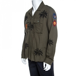 Amiri Khaki Green Palm Tree Print Cotton Applique Detail Distressed Shirt L