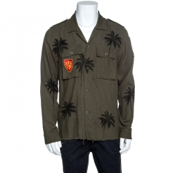 Amiri Khaki Green Palm Tree Print Cotton Applique Detail Distressed Shirt L