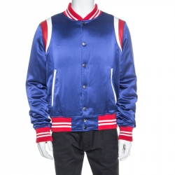 Amiri Blue Silk Leather Trimmed Varsity Bomber Jacket XL
