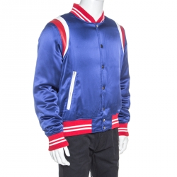 Amiri Blue Silk Leather Trimmed Varsity Bomber Jacket XL