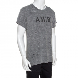 Amiri Grey Logo Print Distressed Cotton T-Shirt M