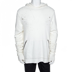 Amiri Off White Distressed Knit Shotgun Hooded Sweatshirt M