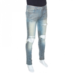Pre Owned Amiri Two Toned Metallic Finish Denim Distressed Jeans M