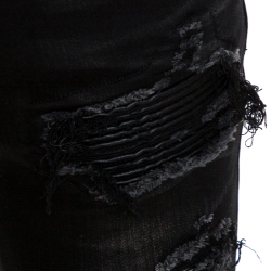 Pre Owned Amiri Black Distressed Denim Ribbed Leather Trim Skinny Jeans M